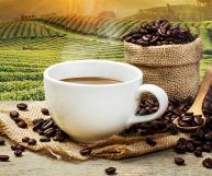 In primo piano, una bianca tazzina di caffè posata su della iuta con chicchi sparsi qui e là; in secondo piano, un sacco con chicchi, coltivazioni e tramonto