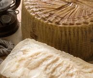 In basso una fetta dalla pasta bianca di canestrato di Moliterno poco stagionato; dietro una forma con crosta marrone chiaro e striature più scure