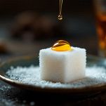 Una zolletta di zucchero bianco su un piattino bagnata con gocce di bitter rosso.