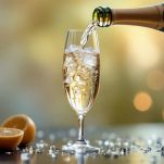 Champagne versato nel bicchiere con bollicine che salgono verso l'alto.