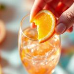Champagne Cocktail pronto, decorato con una fetta d'arancia fresca sul bordo.