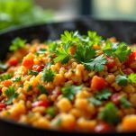 Riso ultimato guarnito con prezzemolo fresco tritato e servito caldo su un piatto da portata