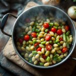 fave secche siciliane con pomodori e cipolla in pentola