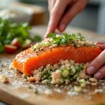 Rotolo di salmone pronto per essere cotto.