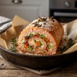 Piatto di rotolo di salmone pronto per essere gustato.
