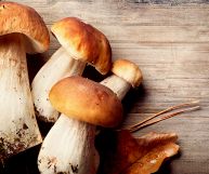 Vista dall'alto di porcini freschi posati su un piano in legno chiaro; se ne vedono quattro sulla sinistra, di diversa grandezza