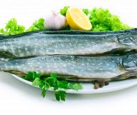 Su un vassoio ovale bianco, due lucci con ventre latteo e dorso grigio-argentato con puntini più chiari;intorno lattuga, aglio e metà limone