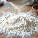 Fontana di farina setacciata su piano di lavoro.