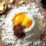 Ingredienti disposti nella fontana di farina.