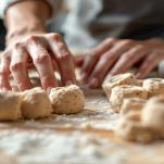 Mani che modellano palline di impasto al cacao.