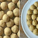 Pasta con pomodoro, piselli e polpette di pollo