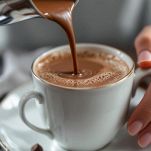 Bevanda di cioccolato alle nocciole in fase di filtraggio.