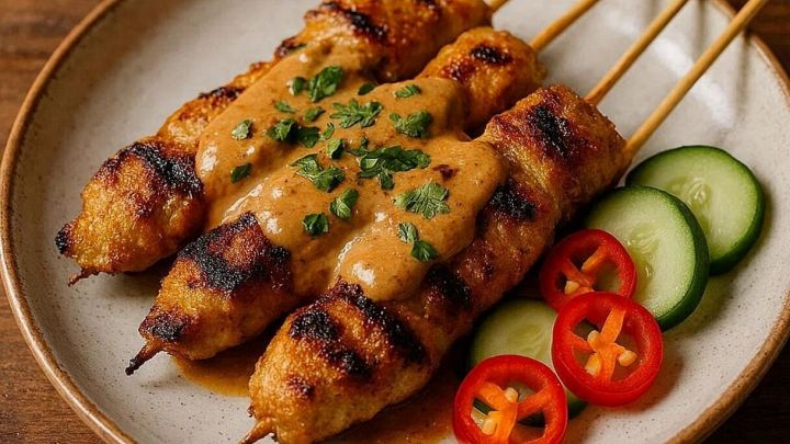 Satay di pollo con salsa di arachidi con fettine di cetriolo