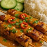 Piatto di satay di pollo con salsa di arachidi