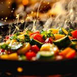 Peperone, pomodori e cipolla in padella.