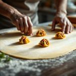 Formazione degli agnolotti con sfoglia e ripieno