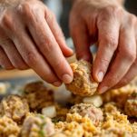 Polpette pronte per essere disposte su carta forno.
