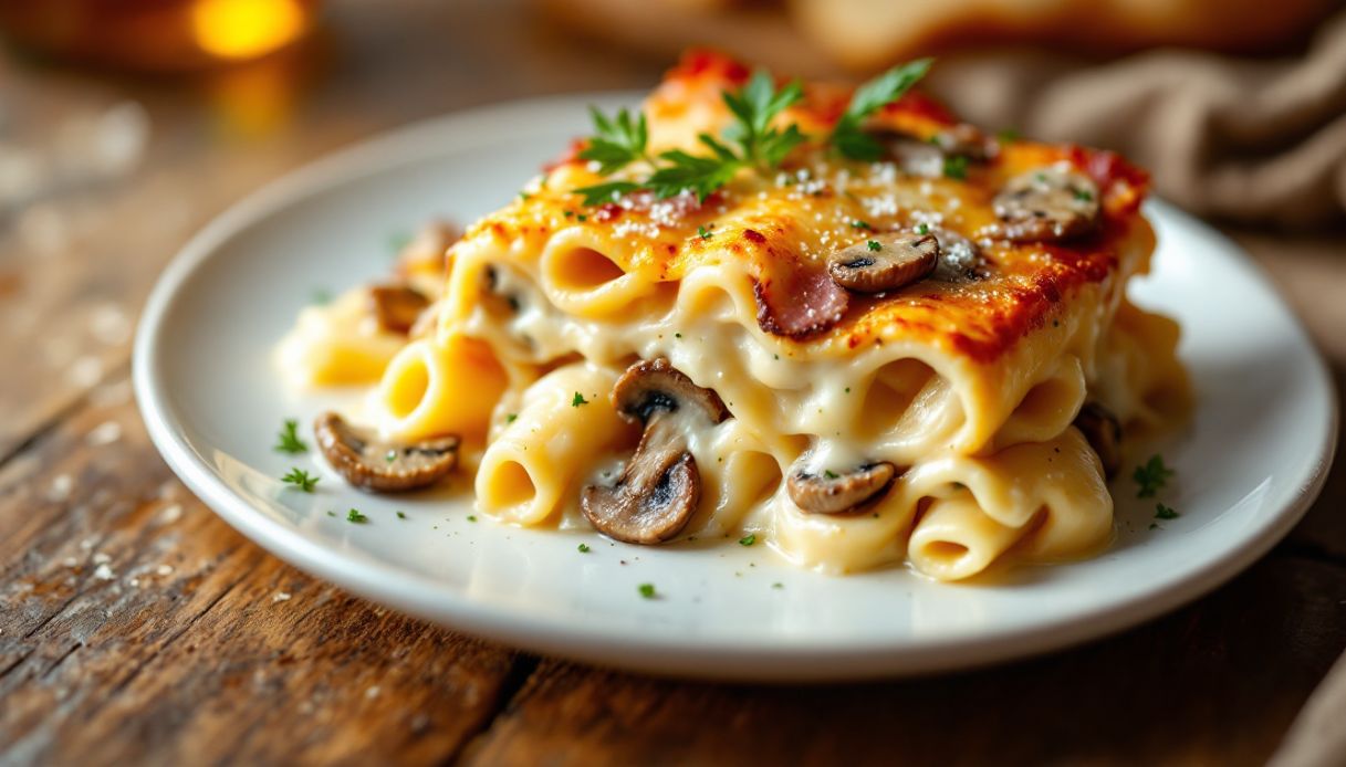 Pasta al forno con besciamella, funghi e prosciutto
