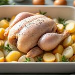 Ungete una pirofila con il cucchiaio di olio extravergine d'oliva e sistematevi il pollo al centro