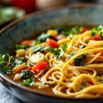 Le verdure saltate nel brodo con gli spaghetti.