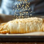 sesamo cosparso sullo strudel salato di verdure