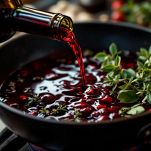 vino rosso nel tegame con le erbe aromatiche