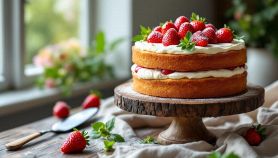Torta alle fragole con panna montata e fragole macerate pronta da servire