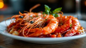 impiattamento dei gamberoni al guazzetto con basilico fresco