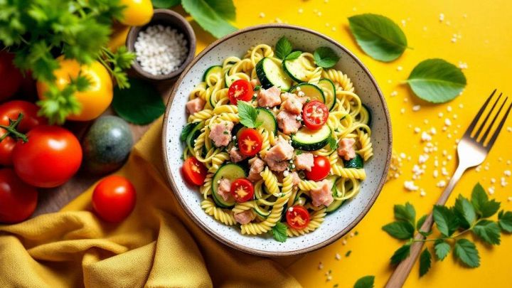 Pasta fredda con zucchine e tonno pronta da servire
