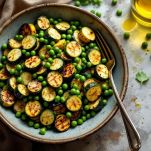 zucchine grigliate e piselli in un piatto