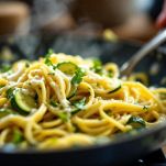 spaghetti con zucchine, pancetta e crema d’uovo