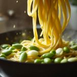 L'unione della pasta con le fave e i cipollotti