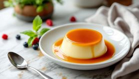 Creme caramel con caramello colante sul piatto.
