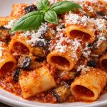 ricotta salata grattugiata sui paccheri alla norma