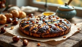 Fetta di castagnaccio servita su piatto rustico.