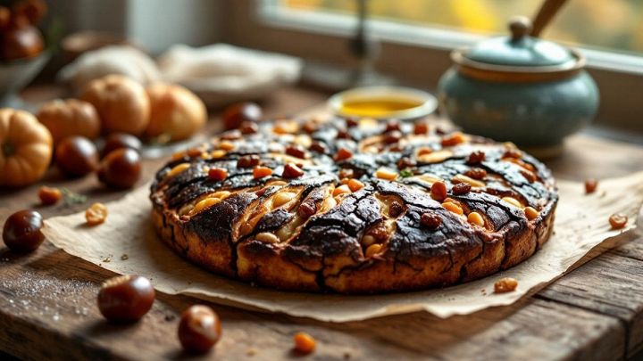 Fetta di castagnaccio servita su piatto rustico.