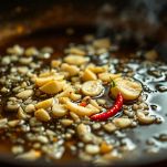 Uno spicchio d'aglio intero e peperoncino fresco che soffriggono in olio d'oliva.