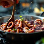 Moscardini piccoli in una casseruola con vapore che sale dopo l'aggiunta del vino.