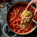 Zuppa densa con pomodoro, moscardini e fagioli cannellini che sobbolle.