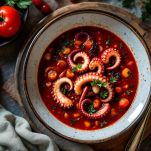 Prezzemolo verde tritato finemente cosparso sulla zuppa di pesce calda.