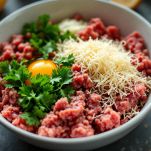 Terrina con impasto di carne, mollica, uova, prezzemolo e parmigiano mescolati