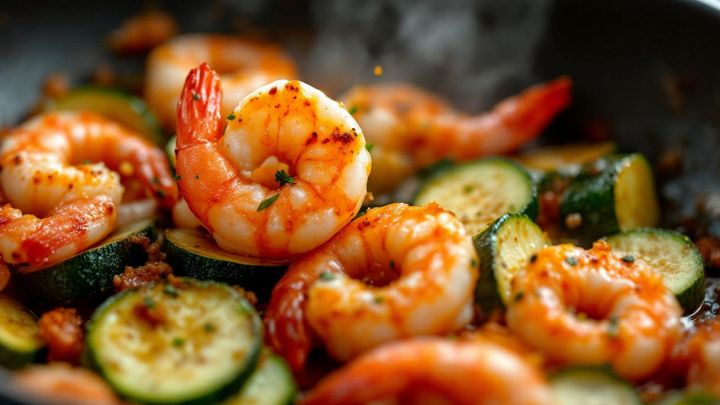 Zucchine e gamberi in padella