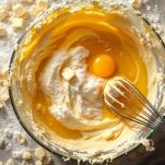 uova nell'impasto delle castagnole in una ciotola capiente