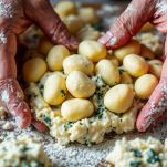 Malfatti infarinati su un piano di lavoro.