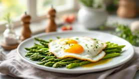 Asparagi con uova fritte serviti caldi.