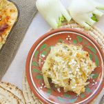 Healthy vegetarian dinner: oven baked fennel bulbs with potatoes.
