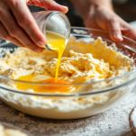 Farina con uova sbattute, zucchero e rum, lavorata incorporando gradualmente il latte tiepido per formare l’impasto