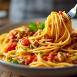 Piatto di spaghetti con tonno pronto da servire.