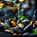 vino bianco nelle cozze nella padella