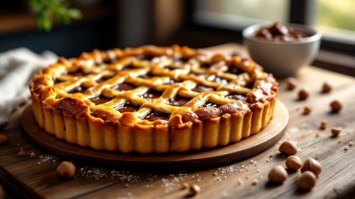 Fetta di crostata alla Nutella servita su piatto.